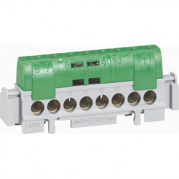 Клеммная колодка LEGRAND IP 2X земля, зеленая 8 x 1,5-16 мм² длина 75 мм 04832